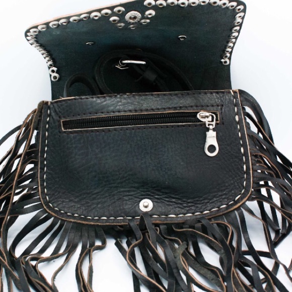🤚Black Leather Fringe Handmade Bag - Picture 5 of 8